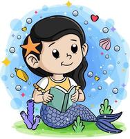 Little blue mermaid sits and reads the book vector