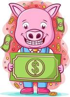 The pink pig holding the big dollar vector