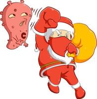 The Santa Claus using the red mask punch a big corona virus vector