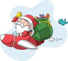 The Santa Claus using the red plane to giving the gift in the Christmas night vector