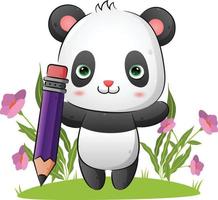 The clever panda is holding a big magic pencil in the garden