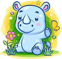 Cute rhino play around the garden vector