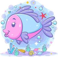 The pink fish cartoon swims in beautiful sea