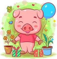 el cerdito rosa se encuentra cerca del regalo y las plantas. vector