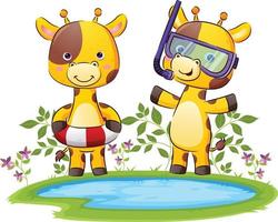 The happy couple of the giraffe is ready for swimming and diving in the pond vector