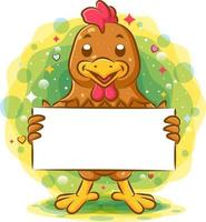 Brown rooster standing and holding blank paper vector