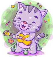 Cute cat singing and playing guitar vector