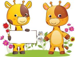 The cute couple of giraffe is holding a blank news banner in the park vector