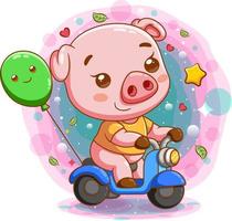 lindo bebé cerdo montando motocicleta vector