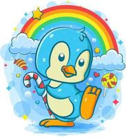 Cute penguin holds candy stick under the rainbow vector