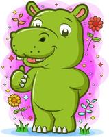 Hippopotamus playing in the garden around the beautiful flowers vector