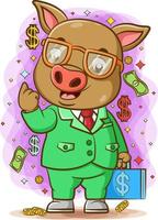 The pig use the glasses and bring the blue bag of money vector