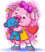 cerdito rosa sosteniendo la muñeca azul con los juguetes a su alrededor vector