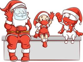 The Santa clause with the elf and Mr. snowman are talking together with the health protocol vector