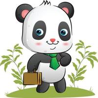 The tidy panda with the bright tie is holding a suite case and walking in the garden vector