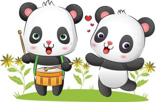 The couple musician panda play the drum and dancing with the melody in the park vector