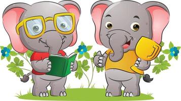 la pareja inteligente de elefantes lee el libro y sostiene un trofeo de oro vector