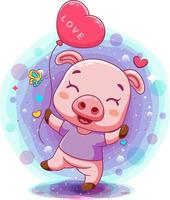 cerdito bebé sosteniendo globo corazón rosa vector