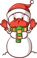 The sad Mr. snowman using the red mask because of corona virus and red gloves vector