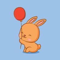 The rabbit is sitting and holding the rope of the red balloon vector