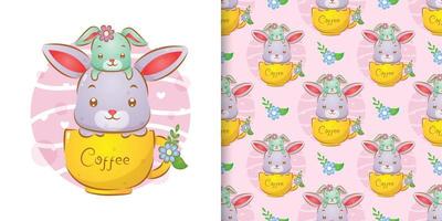 The pattern of the little rabbit sitting on the big rabbit's head in the coffee cup vector