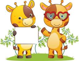 The couple of giraffe is holding a blank banner for the information in the park vector