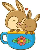 The cute mother of rabbit with her son in sitting on the blue cup vector