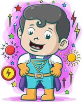 The super boy standing and smiling with the good costume around the art of the sun vector