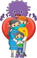 The cute family using the mask to protection from the virus vector