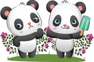 The couple of panda is eating the ice cream while another gives sad expression vector