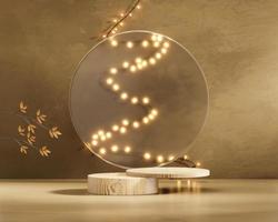Podium with fairy light string on wall background 3d rendering