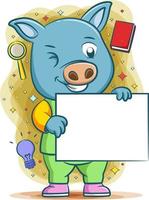 The pig doing analysis and holding white blank board vector