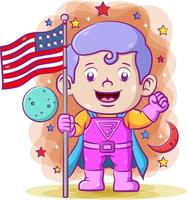 el súper niño sosteniendo la bandera estadounidense en el espacio exterior usando el súper disfraz