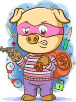 The thief pig use the pink mask holding the gun and bring sack of money vector