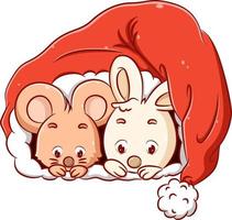 The little mouse and little rabbit is hiding in the Christmas hat because they are cold vector