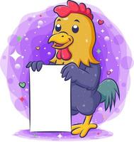 Funny rooster standing and holding blank paper vector
