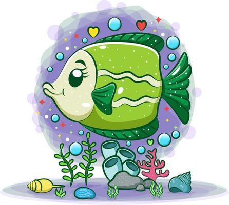 The green freshwater angelfish is poses in the beautiful view