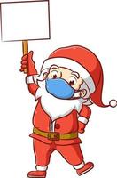 The Santa clause using the red costume and blue mask holding the blank board in his hand vector