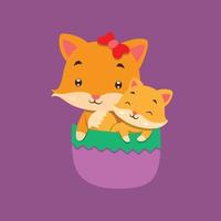 The fox with the ribbon tie and the baby fox is sitting on the purple pocket vector