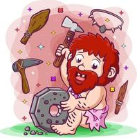 The primordial man holding the axe made from the stone and wood vector