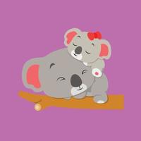 The baby koala is sleeping with her baby koala in the branch of tree vector