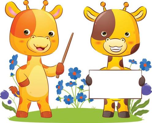 The smart couple of giraffe is holding  a blank banner and a wooden stick