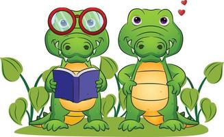 The couple of the smart crocodile is holding the book and standing in the garden vector