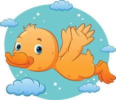 The cute duck with the bright color is flying on the sky with the cloud ornament vector