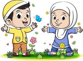 niño y niña musulmanes jugando con mariposas en el parque vector