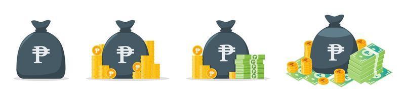 conjunto de iconos de bolsa de dinero de peso filipino vector