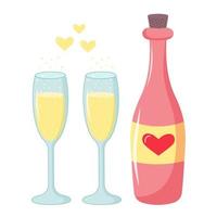 Wine bottle with heart label and two glasses of champagne with sparkling bubbles and yellow hearts. vector