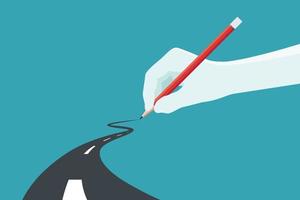 Hand holding a pencil. Concept of the path to business success at choose your own. Vector illustration