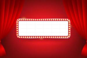 Red curtain backdrop with vintage electric bulbs billboard for text. Vector illustration