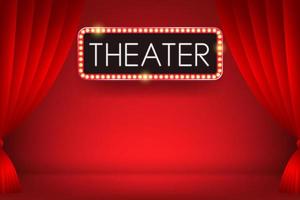 Theater glowing neon text on a electric bulb billboard with red curtain backdrop. Vector illustration